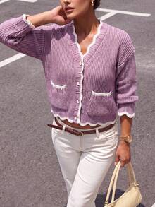 Preppy White Contrast Trim Knit Cardigan, V-Neck Heart Button Patch Pocket Cropped Jacket, Autumn Thanksgiving Streetwear - Purple - View 6