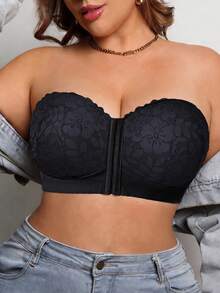 Women's Plus Size Floral Lace Front Closure Strapless Bra, Comfortable And Breathable, Push-Up Side Support, Multi-Row Hook And Eye, Detachable Transparent Straps - Black - View 12