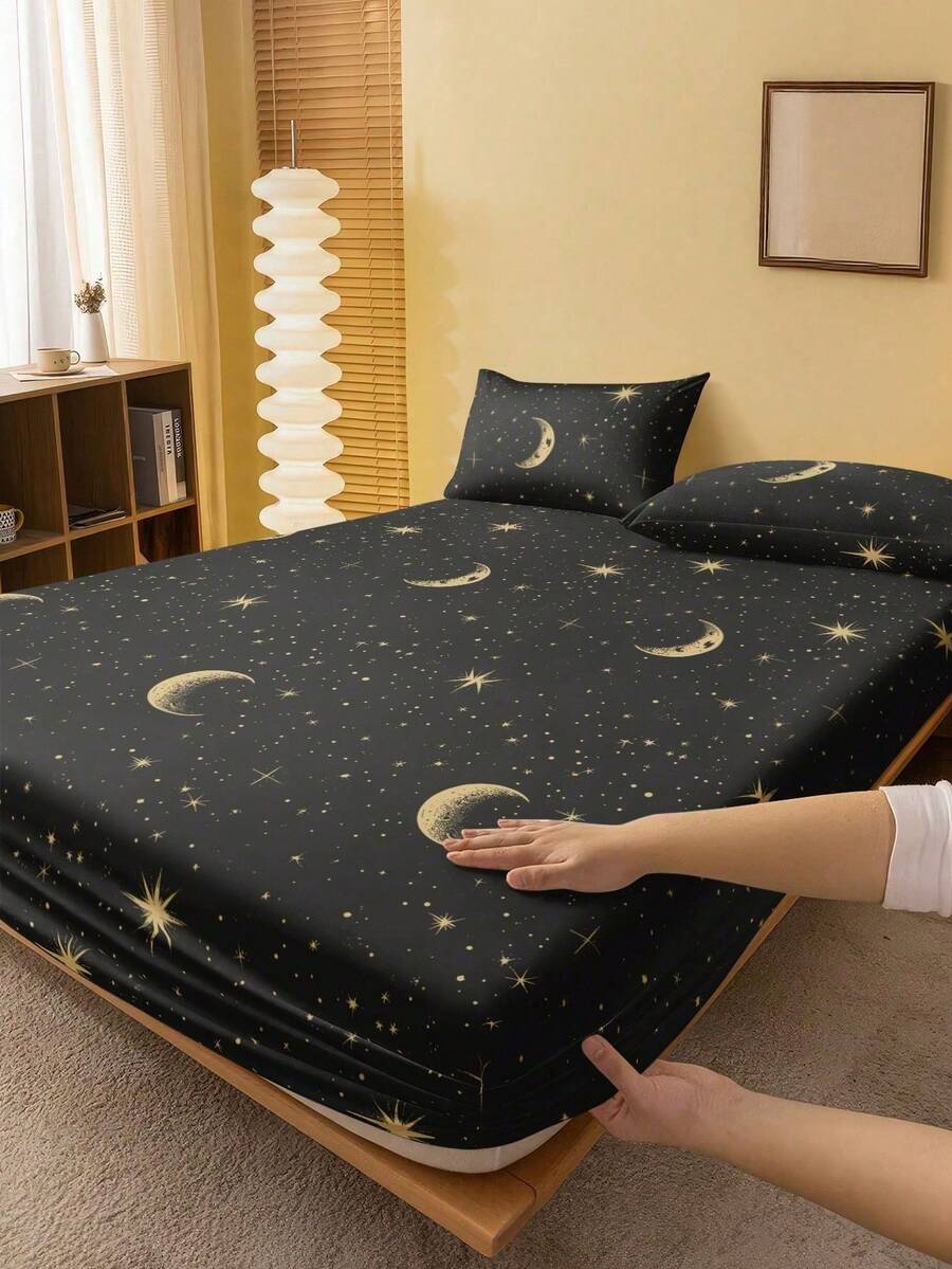 2/3件組黑色星星月亮圖案床單套組(無填充),臥室床上用品套組,磨毛微纖維材質,透氣舒適,包含1件床單與1/2個枕套,床罩套組,提供特大號、大號、全尺寸、單人尺寸,深口袋設計可達11.8英吋,透氣防皺,可機洗,適合宿舍、返校季及其他場合 - 黑色 - 查看 1