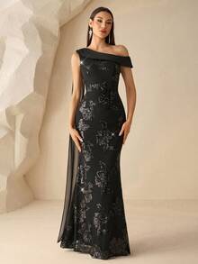 XUCTHHC Elegant One Shoulder Black Flower Sequin Mermaid Formal Evening Gown, For Wedding,Birthday,Prom,Graduation, Festivals, Fall/Winter - Black - View 4