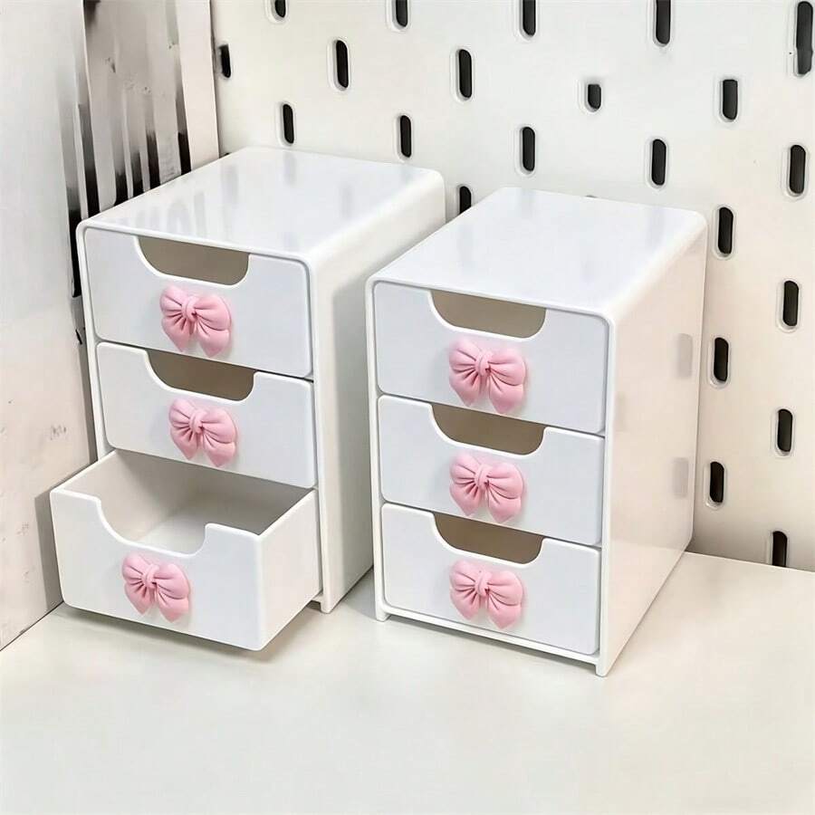 Thickened 3-Grid Plastic Drawer Organizer With Bow-Shaped Lid Compatible For Home/Office Desktop Storage Box, Multi-Functional Partition Design Dressing Table Jewelry Holder, Space-Saving Drawer Organizer Suitable For Home Or Office Desktop Storage - View 1