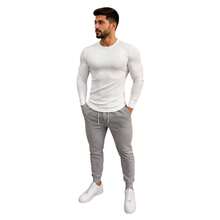 Men's American Ribbed Crew Neck Slim Fit Casual Long Sleeve T-Shirt With Stretch Knit Fabric. Suitable For All Ages, Including Regular Fit, Father's Day, Mother's Day, New Year's, And Spring Festivals. - 白色 - 查看 6