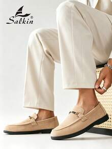Salkin 經典設計男士莫卡辛鞋，平價奢華一腳蹬樂福鞋，男士柔軟麂皮米色鞋，休閒平底開車鞋 - 米色 - 查看 11