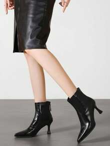 Women's Plus Size Black & Brown Two-Tone Ruched Shiny Elastic Pointed Toe Asymmetric Stiletto Heel Back Zipper Slim Fit Ankle Boots - Black - View 2