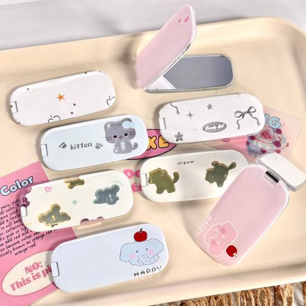 1 pieza Espejo de maquillaje portátil con soporte para teléfono, adhesivo de escritorio, diseño de animales de dibujos animados lindos de elefante, gato y koala, uso horizontal y vertical, producto esencial nuevo para niñas