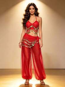 Banquet Dance Party Belly Dance Ornate Coin Sequin Halter Top With Waist Sash, Shimmer Dot Mesh Harem Pants For Themed Event And Stage Performance - Multicolor - View 16