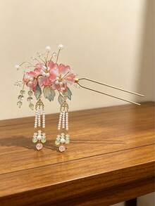 1pc Gradient Pink Glass Flower Pearl Tassel U-Shaped Hair Stick, Luxury Wedding Dress Hair Accessory, Bridal Hair Bun Holder - Multicolor - View 5