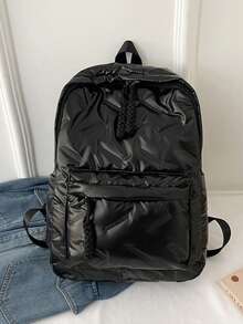 Women Solid Quilted Puffer Backpack Casual Daypack With Braided Drawstring For School Travel Daily Use - Black - View 7
