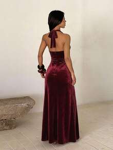 Elegant Women's Burgundy Velvet Backless Sleeveless Long Dress With High Slit Design, Perfect For Evening Parties And Formal Occasions - Burgundy - View 5