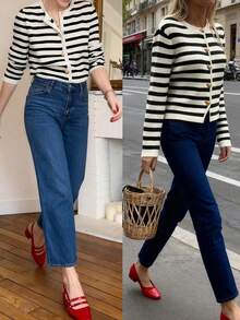 Women's Elegant Striped Crew Neck Knit Cardigan, Versatile Fashion Casual Sweater, Retro Jacket For Commuting, Autumn Fall - Black and White - View 8