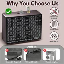 Wooden Money Saving Box Upgraded All-In-One Cash Savings Box With 10k 5k 3k 1k Challenge Target Trackers Reusable Piggy Bank For Adults And Cash Vault Bank W/Sliding Lid - 如圖 - 查看 4