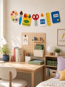 1pc-Back To School Art Garland Banner, Paint Palette Brush Crayon Scissors Glue Bottle Ruler Sketchbook Cutout Hanging Sign, Foldable Lightweight Wall Decor For Art Classroom Library Study Office First Day School Indoor Party Wall Decoration - J - View 7