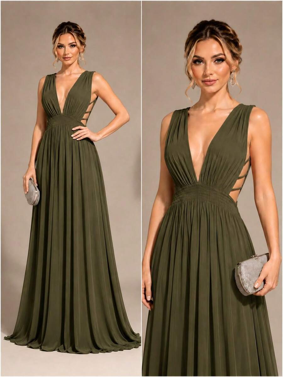 Cheap Bridesmaid Dress For Party Guests, Reception, Graduation, Without Shine, Open On The Side - Verde militar - Ver 1