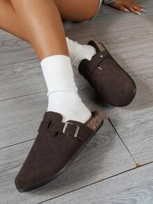 Vintage Women's Closed-Toe Slippers With Adjustable Metal Buckle, Soft Cork Sole Slip-On Mule Shoes For Multi-Season Outdoor Wear - Dark Brown Fleece Lining - View 3