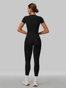 MFVIM Women's Solid Color Round Neck 2-Piece Set Slim Fit Yoga Outfit Short Sleeve Top High-Intensity Tight Versatile Outdoor Running Sports Fitness Wear - Black - View 9