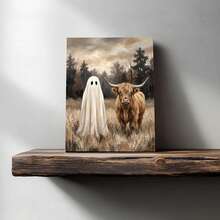 1pc Framed Canvas Wall Art, Vintage Country Style Highland Cow And Cute Ghost Wilderness Oil Painting Canvas Wall Decor, Low Saturation Atmospheric Autumn Forest Farmhouse Poster, Hot-Selling Home Decor Wall Hanging, Suitable For Modern Home Decoration - Ghost - View 5