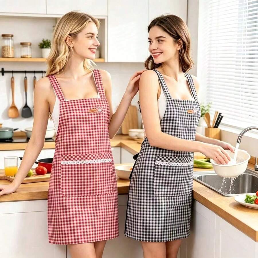 1/2pcs Women's Plaid Apron, With Pockets Oil-Proof Kitchen Apron, Wide Strap Comfortable Cooking Apron, Embroidered Server Apron, Easy To Clean Waterproof Housework Apron, Catering Service Apron, Home Decor Cooking Apron, Polyester Stain-Resistant, Cooking Apron, Suitable For Home, Restaurant, Craft, Gardening, BBQ, School, Cafe And Other Occasions, Unisex, Multiple Colors Available - Multicolor - View 1