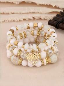 Set Gelang Manik-Manik Merah 4pcs/Set, Manik-Manik Campuran Minimalis dengan Liontin Hati Emas & Pohon Kehidupan, Aksesori Pergelangan Tangan Wanita - Merah - View 14