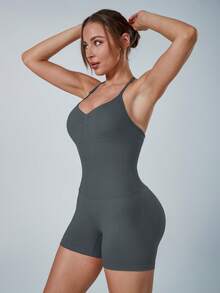 NcmRyu Women's 1pc Solid Color Halter V-Neck Adjustable Strap Ruched Front Open Back Ruched Butt Sports One-Piece Shorts - Dark Grey - View 9