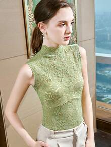 1pc Women's Semi-High Neck Fitted Lace Hollow Out Base Layer Top With Faux Collar - Multicolor - View 14