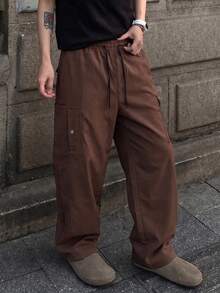 1pc Men's Spring/Autumn American Retro Woven Cargo Pants, Elastic Drawstring Waist, Loose Wide Leg, Side Pockets, Casual Long Pants Suitable For Daily Commute And Streetwear - Burgundy - View 2