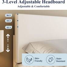 Cama Plataforma Tapizada King/Queen/Full, Cabecero Acolchado Ajustable en Altura, Estructura Metálica Reforzada con Listones de Madera, Fácil Montaje sin Base, Silenciosa y Antirruido - Ribete negro, blanco roto - Ver 3