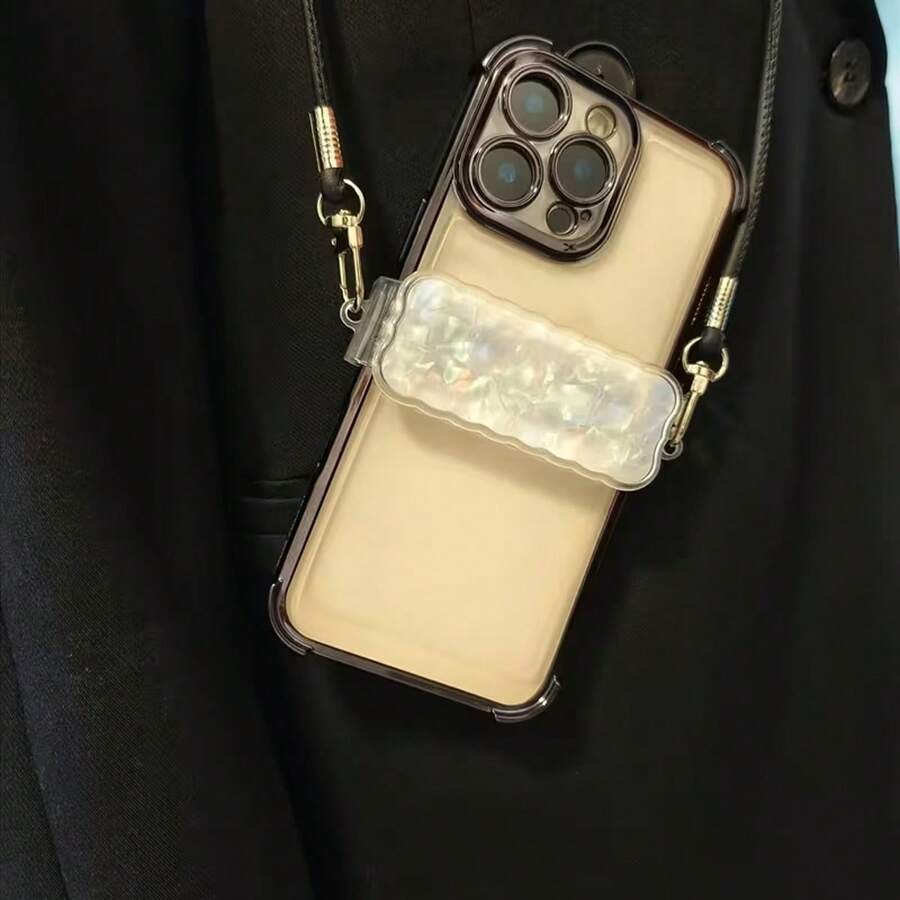 Clip trasero para teléfono, cadena cruzada con patrón de concha, cadena colgante con clip trasero retráctil de resorte, clip para teléfono con patrón de concha, cadena cruzada con surcos, resorte retráctil ajustable