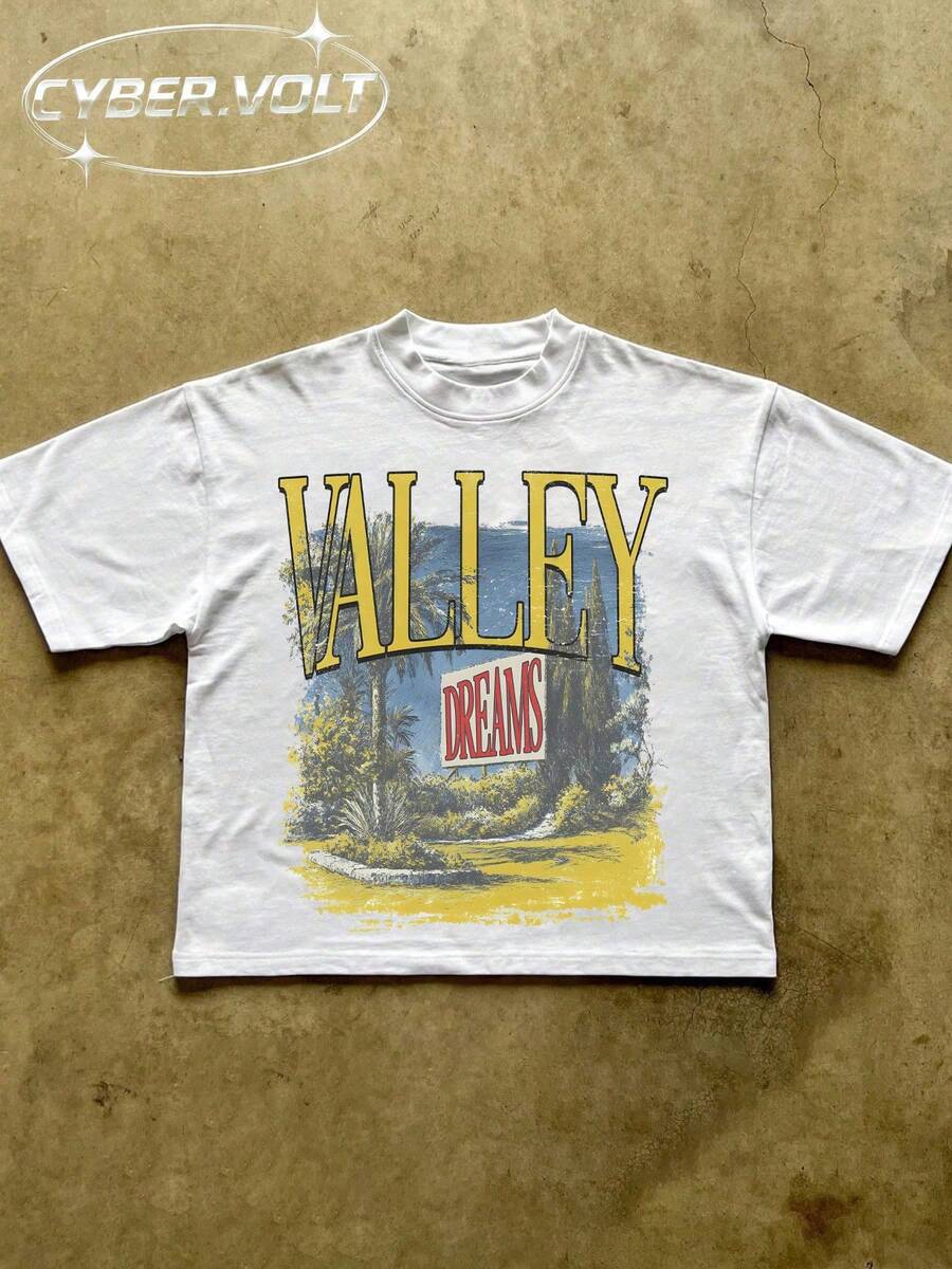 VALLEY Men's Y2K Style Printed (180g Pure Cotton T-Shirt) Pure Cotton T-Shirt - Soft And Breathable, Retro Summer Men's Daily Wear T-Shirt - 白色 - 查看 1