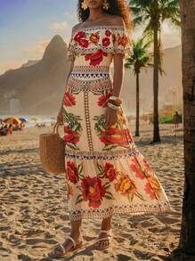 CAJUNI Women's Elegant Vintage Off Shoulder Detachable Strap One Piece Swimsuit+ Printed Mesh Pleated Skirt, Spring/Summer - Multicolor - View 1