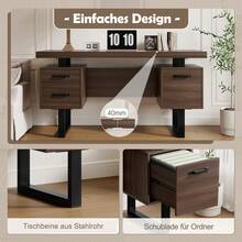 Modern Desk 135x54cm, MDF Tabletop, Metal Legs - 黑色和棕色 - 查看 10