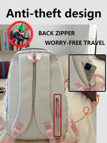Student Backpack, Bow Embroidery Pattern Soft Quilted Fabric With Pendant, Multiple Pockets Adjustable Shoulder Straps, Cute Japanese Style, Suitable For Teenage Girls Daily Use In All Seasons - Multicolor - View 5