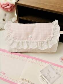 Cute Lace Pencil Case, Korean Style Pink Plaid Polka Dot Pencil Bag With Bow And Heart Decoration, Aesthetic Back To School Stati, First Day Of School - Multicolor - View 11