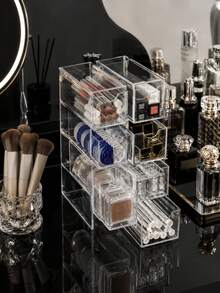 1pc Women's Transparent Stackable Acrylic Makeup Organizer Box With Dust-Proof Multi-Compartment Drawers, Display Storage Box For Makeup Brushes, Lipsticks And Glasses, Minimalist Modern Desktop Organizer For Vanity, Bedroom, Bathroom And Dormitory Dressing Table - Clear - View 6