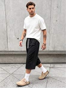 Men's Summer Casual 3/4 Pants, Drawstring Waist, Fashionable And Comfortable, Suitable For Daily Wear And Outdoor Sports Fall Black - Black - View 6