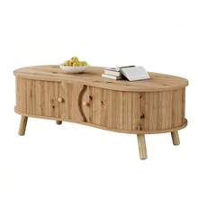 Pea-Shaped Coffee Table With Grooved Design, 2 Sliding Doors, Living Room Table, Wood Look, Solid Wood Legs, MDF Material - Natural Color - View 1