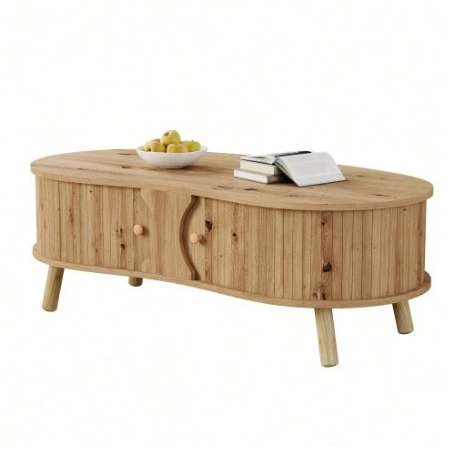 Pea-Shaped Coffee Table With Grooved Design, 2 Sliding Doors, Living Room Table, Wood Look, Solid Wood Legs, MDF Material - Natural Color - View 1