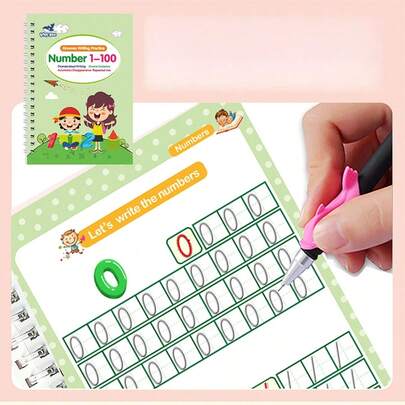 Grooved Writing Practice Book - Numbers, Letters, Addition/Subtraction, Drawing, Includes Erasable Pen (5 Refills + 1 Pen Body + 1 Grip) Reusable, Christmas/Halloween/Back To School/Thanksgiving/Birthday Gift
