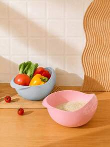 Vegetable Washing & Draining Basket, Creative Plastic Handle Strainer, Practical Multi-Functional Kitchen Tool. Product Features: Large Capacity Streamlined Design, Fast Draining & Storage - Multicolor - View 4