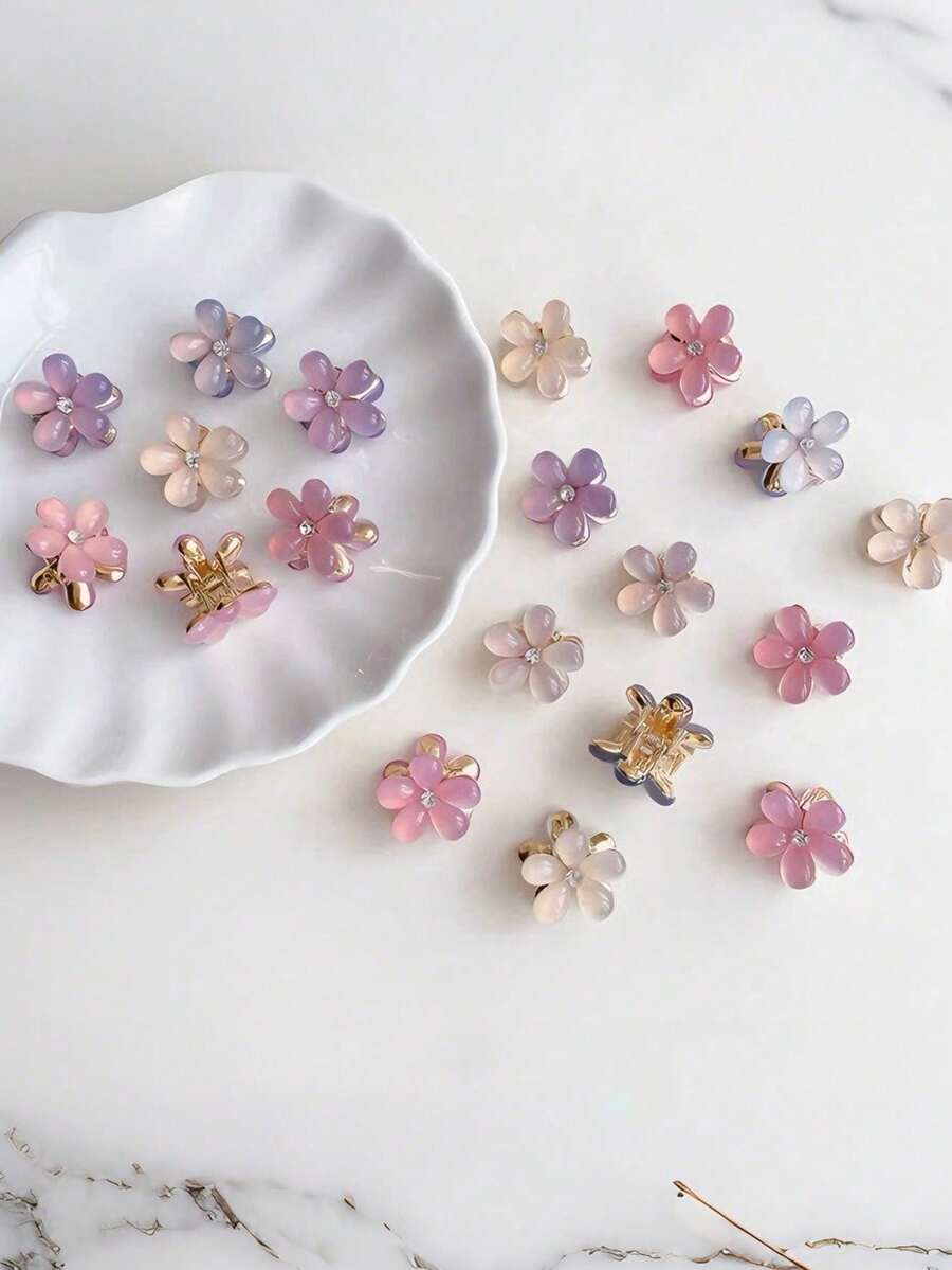 10/20pcs Random Color Combination Set Mini Flower Alloy Hair Claw Clips New Petal Design Women's Hair Clips Bangs Clips Side Hair Clips Hair Accessories Suitable For Daily Wear And Party - Multicolor - View 1