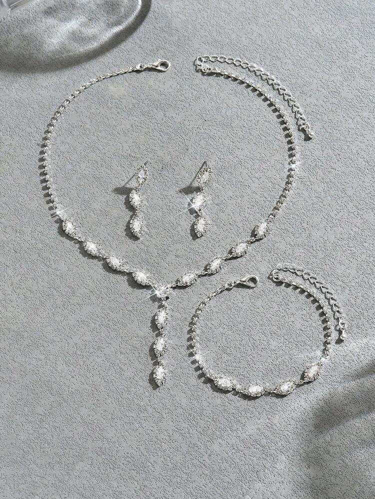 Y-Shaped Fashion Rhinestone Studded Evening Party Jewelry Set, 1 Necklace, 1 Pair Earrings, 1 Bracelet - Silver 1185 - View 5
