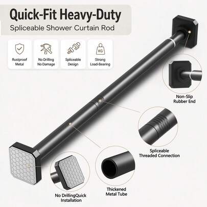 1pc Stainless Steel Shower Curtain Rod, Multi-Functional Adjustable Telescopic Rod, No-Drill Closet Rod Suitable For Bathroom, Shower Room, Bathtub Partition, Balcony, Apartment, Square Plastic Base, Colors: Black, White, Grey, Silver, Multiple Sizes Available, Home Decor Bathroom Accessories