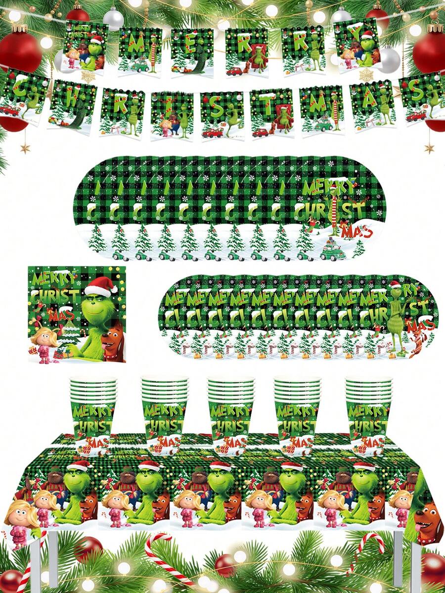 The Grinch 1/10/20Pcs Green Christmas Monster Birthday Party Decorative Tableware Set, Including Paper Cups, Paper Plates, Banners, Napkins, And Tablecloths. Perfect For Parties, Holiday Home Decorations, And Gifts. - Multicolor - View 1