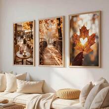 3 piezas de arte de pared en lienzo de tonos cálidos y neutros de otoño, impresiones de paisaje otoñal con café de París, puente de madera, corazón y hoja de arce, decoración acogedora estilo cottagecore para sala de estar, dormitorio, cocina, dormitorio universitario, pasillo, decoración vintage de otoño para el hogar, pósteres, sin marco - 840 - Ver 2