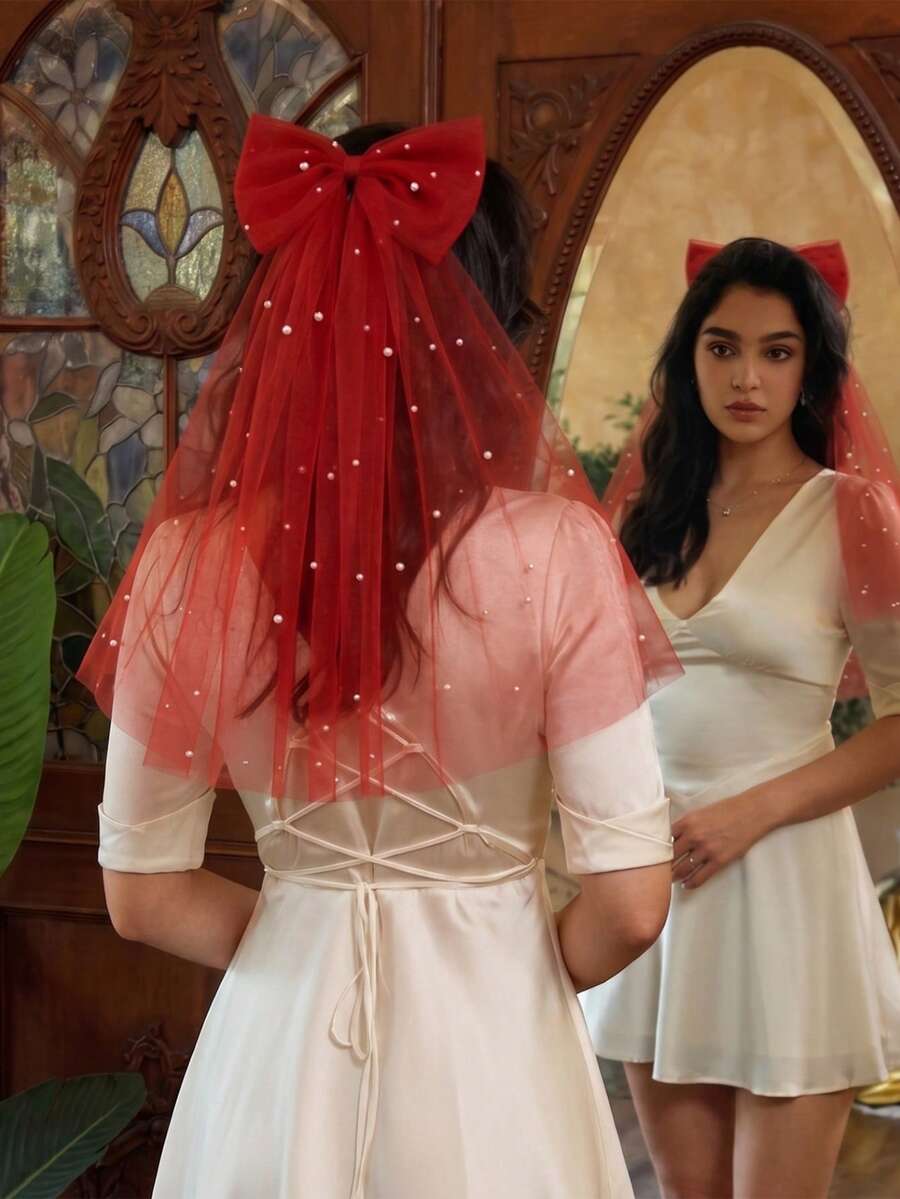 1件紅色大蝴蝶結仿珍珠網紗短面紗附髮梳，新娘婚禮訂婚派對拍照髮飾，萬聖節裝扮配件