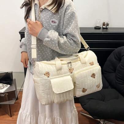 Women's Cute Bear Quilted Travel Bag, Multi-Pocket Handheld Storage Bag, Portable Crossbody Travel Organizer Bag