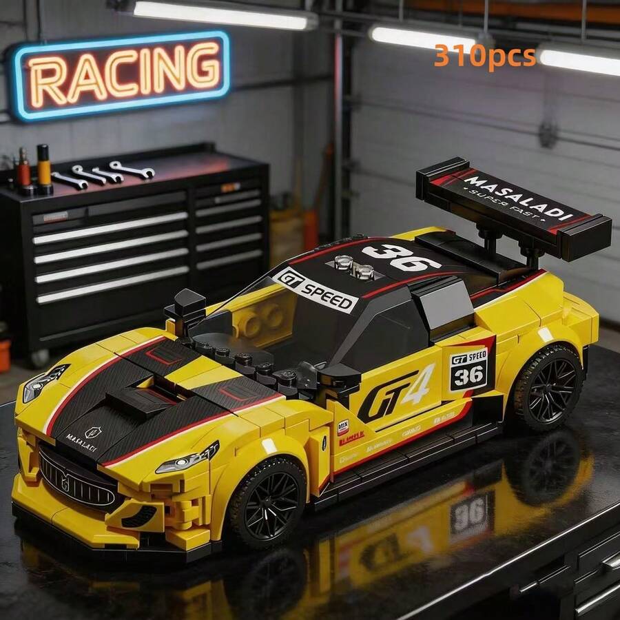 Modelo de Bloques de Construcción de Coche de Carreras GT4 310 piezas, Juego de Bloques de Ensamblaje de Coche de Carreras Amarillo, Juguete de Coche de Carreras de Alta Velocidad Ensamblado a Mano, Regalo de Colección para Entusiastas de Coches - Multicolor - Ver 1