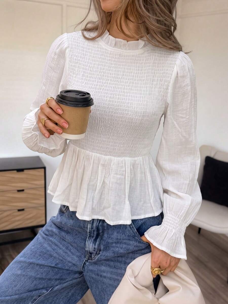 Women's Elegant White Ruffle Collar Long Ruffle Sleeve Ruched Waist Ruffle Hem Blouse - White - View 1