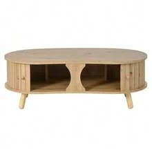 Pea-Shaped Coffee Table With Grooved Design, 2 Sliding Doors, Living Room Table, Wood Look, Solid Wood Legs, MDF Material - Natural Color - View 8