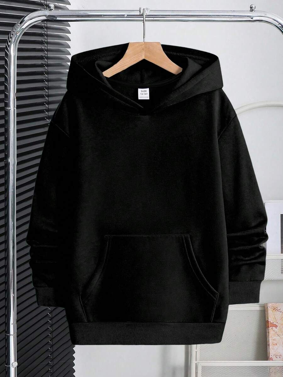 Teen Boys Hooded Sweatshirt, Y2K Style Long Sleeve Sweatshirt, Suitable For Older Children And Teenagers. Simple And Fashionable, Perfect For Casual Daily Wear, Suitable For Spring, Autumn, And Winter. - Black - View 1