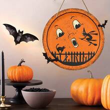 Vintage Halloween Moon And Black Cat Round Wooden Sign - Rustic Style Orange Wall Art With Witch And Cat Silhouette - View 4